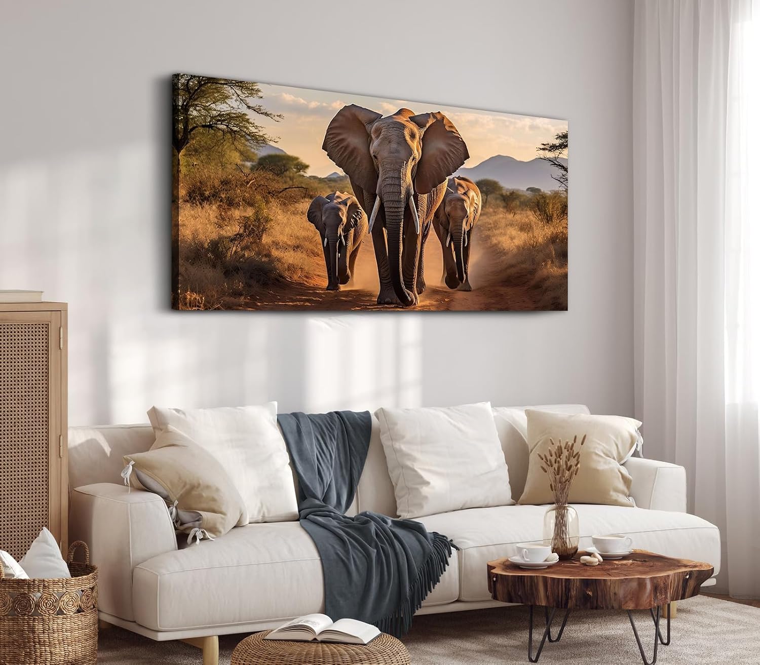 Savanna Wildlife Canvas Prints Wall Art Elephant Family 58"x28", African Safari Majestic Herd Artwork Earthy Tones Prints Nature Scene Pictures Framed Wall Decor for Living Room Office Home