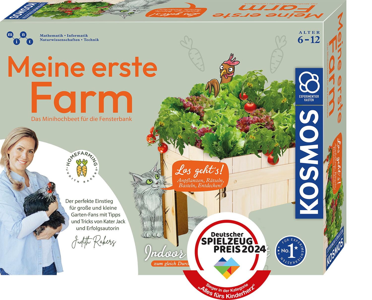 KOSMOS 637262 Meine erste Farm mit Judith Rakers, Minihochbeet für die Fensterbank, Gemüse Pflanzset für Kinder ab 6 Jahre mit Samen für Kresse, Salat, Radieschen und Tomate