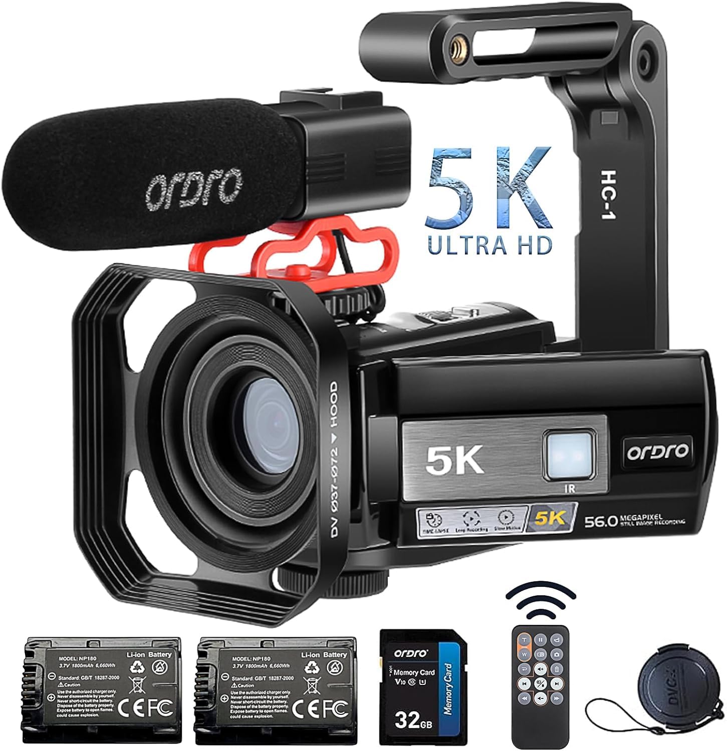ORDRO 5K Video Camera Camcorder UHD 56MP Vlogging Camera for YouTube, 18X Digital Zoom & IR Night Vision, 3" 270° Flip Touch Screen, WiFi/WDR/Wide