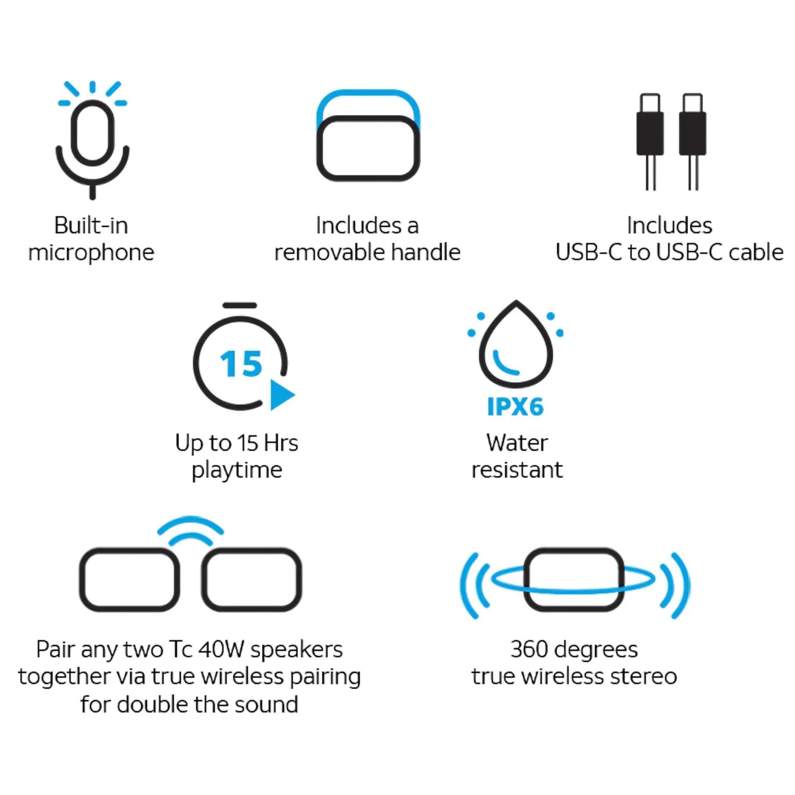 AT&T Essentials Haut-parleur Bluetooth portable 40 W - Étanchéité IPX6 - Double appariement sans fil, 15 heures d'autonomie, sangle/poignée amovible - Maison/cuisine/extérieur (noir)