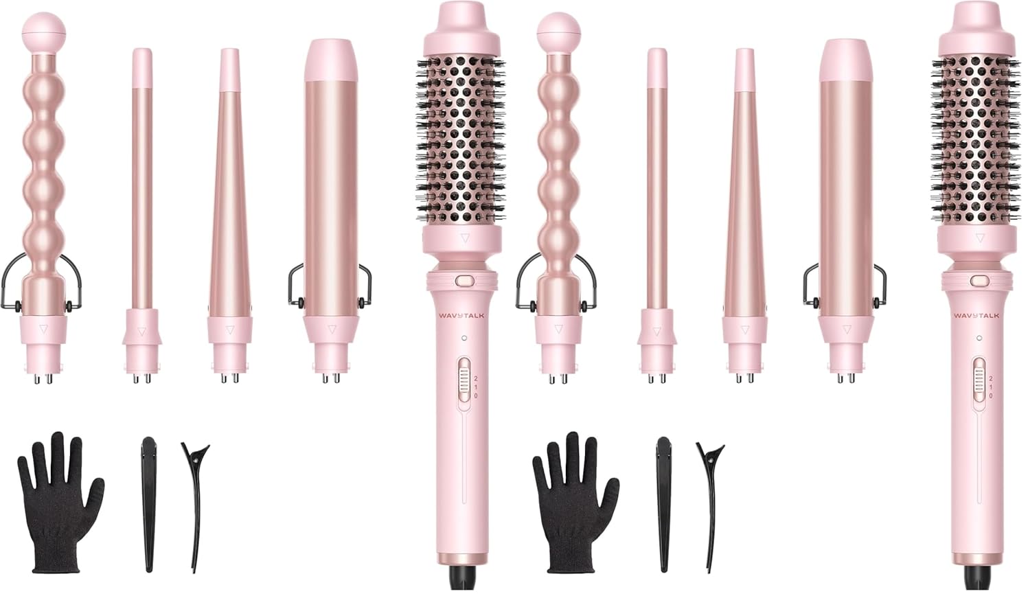 Wavytalk 5 in 1 Curling Iron,Curling Wand Set with Curling Brush and 4 Interchangeable Ceramic Curling Wand(0.5”-1.25”),Instant Heat Up,Include Heat Protective Glove & 2 Clips (Pink) (Pack of 2)