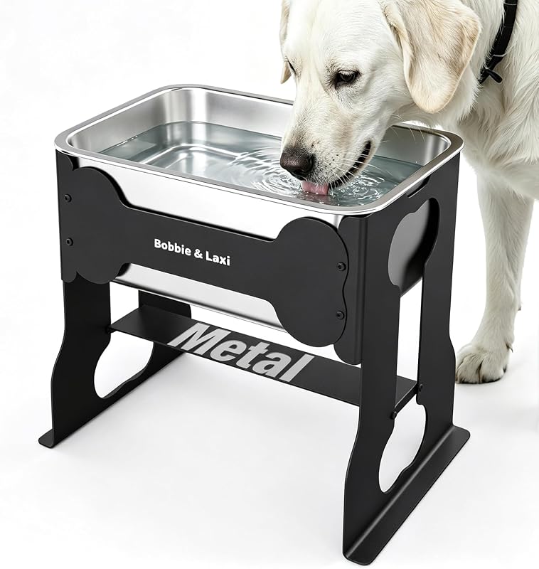 Bobbie & Laxi Cuenco de agua elevado para perros de 14 pulgadas, cuenco de acero inoxidable de 2,4 galones | Cuenco elevado para perros de raza grande, estación de alimentación de metal para perros para aliviar la presión de las articulaciones, fácil de limpiar para uso en interiores y exteriores