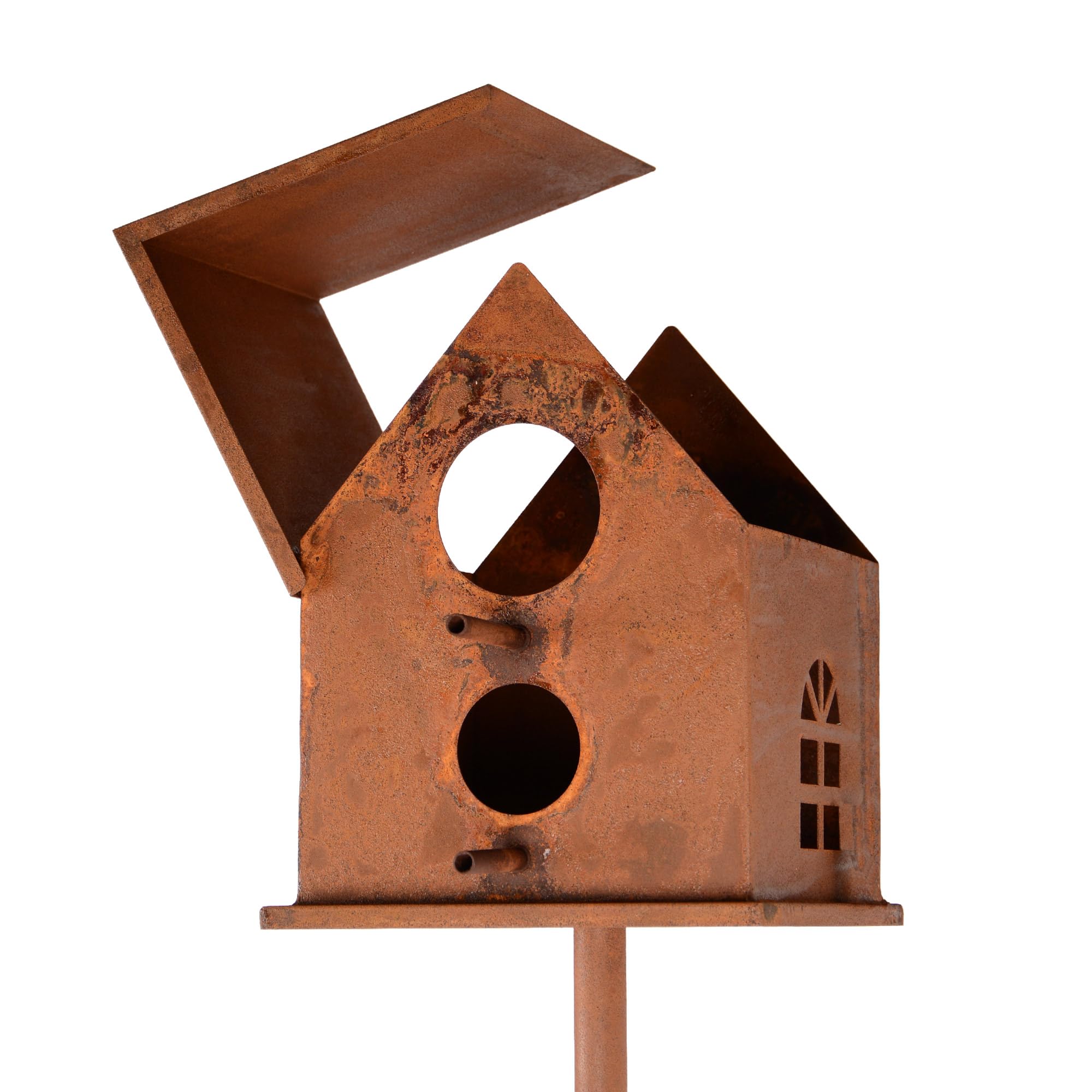 UNUS Vogelhaus mit Stab Metall Rost ca. 126 cm wetterfest dekoratives Vogelhaus Garten Terrasse Balkon Beet