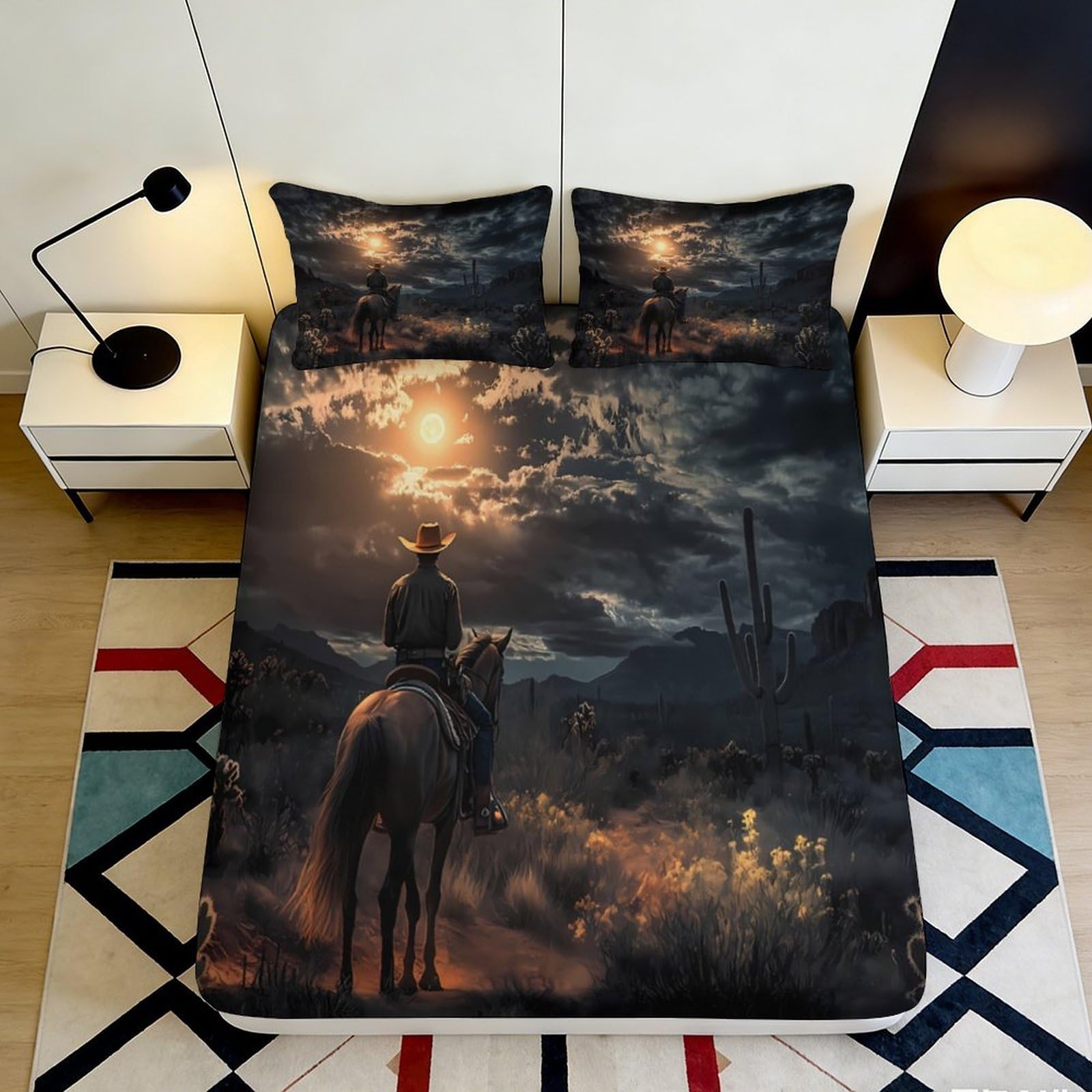 Uynsixtme Style-5 3D Printed Night Horse Scenery Fitted Sheet Microfiber Deep Pocket Non-Slip Bedding Night Scene Mattress Fitted Cover 200X200x25cm