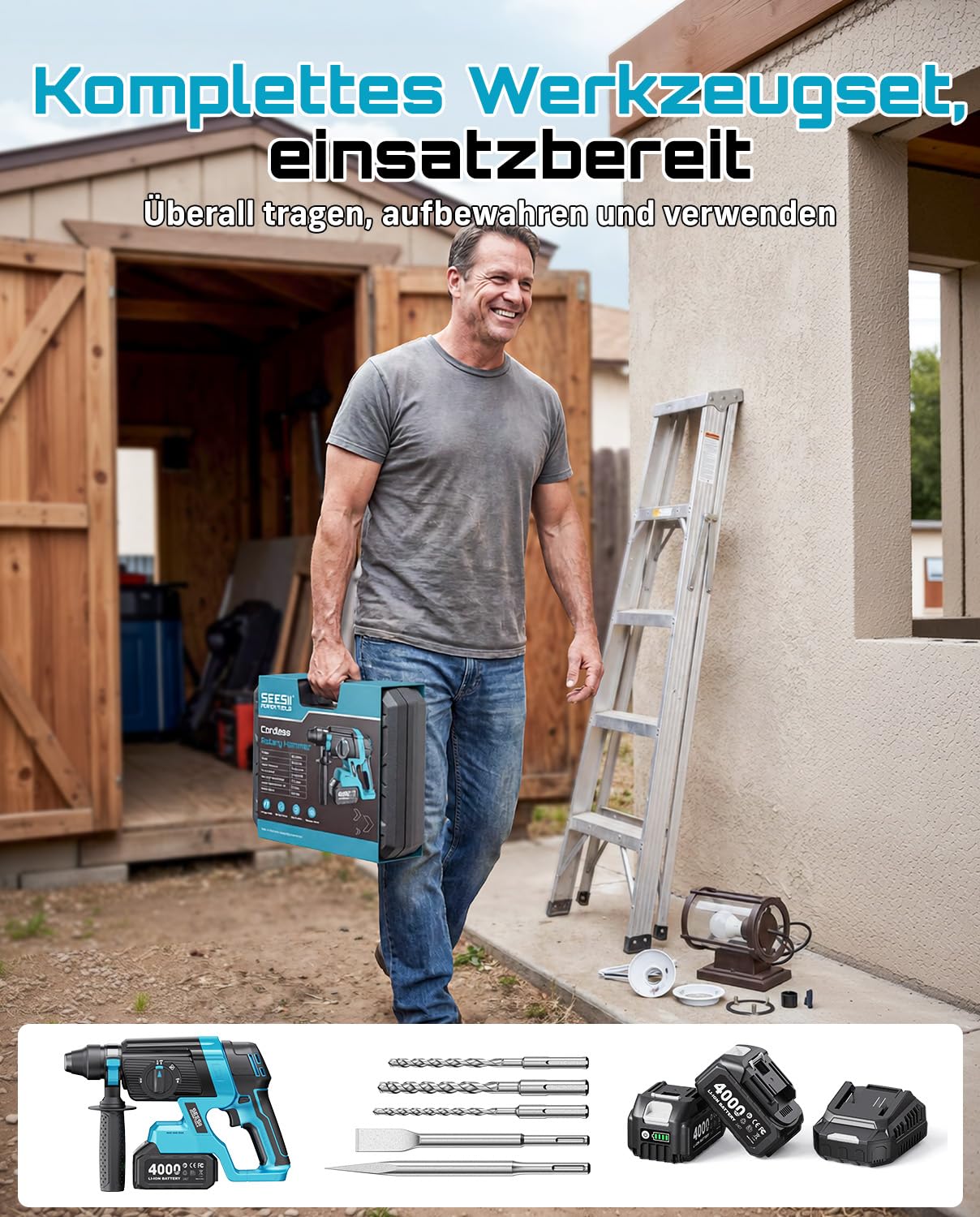 SEESII 2.8J Martello Perforatore a Batteria, 4-In-1 Trapano Tassellatore con 2 Batterie 4.0Ah (Compatibile con le batterie Makita da 18 V), per Cemento e Ristrutturazione, con Punte, Scalpelli