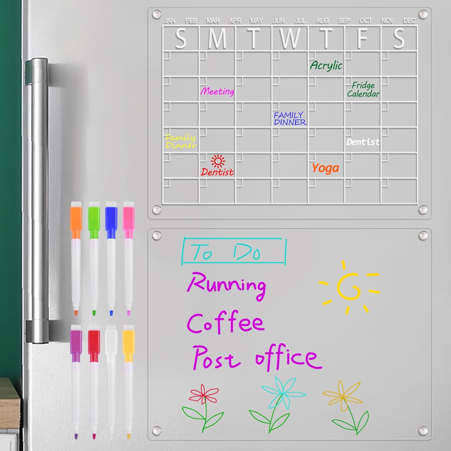PATIKIL 2 Set Monthly and Blank Calendar for Fridge with 8 Markers 8 Colors, 15.7 x 11.8" Clear Acrylic Magnetic Whiteboard for Refrigerator, Dry Erase Planner Board for Menu Memo Kitchen
