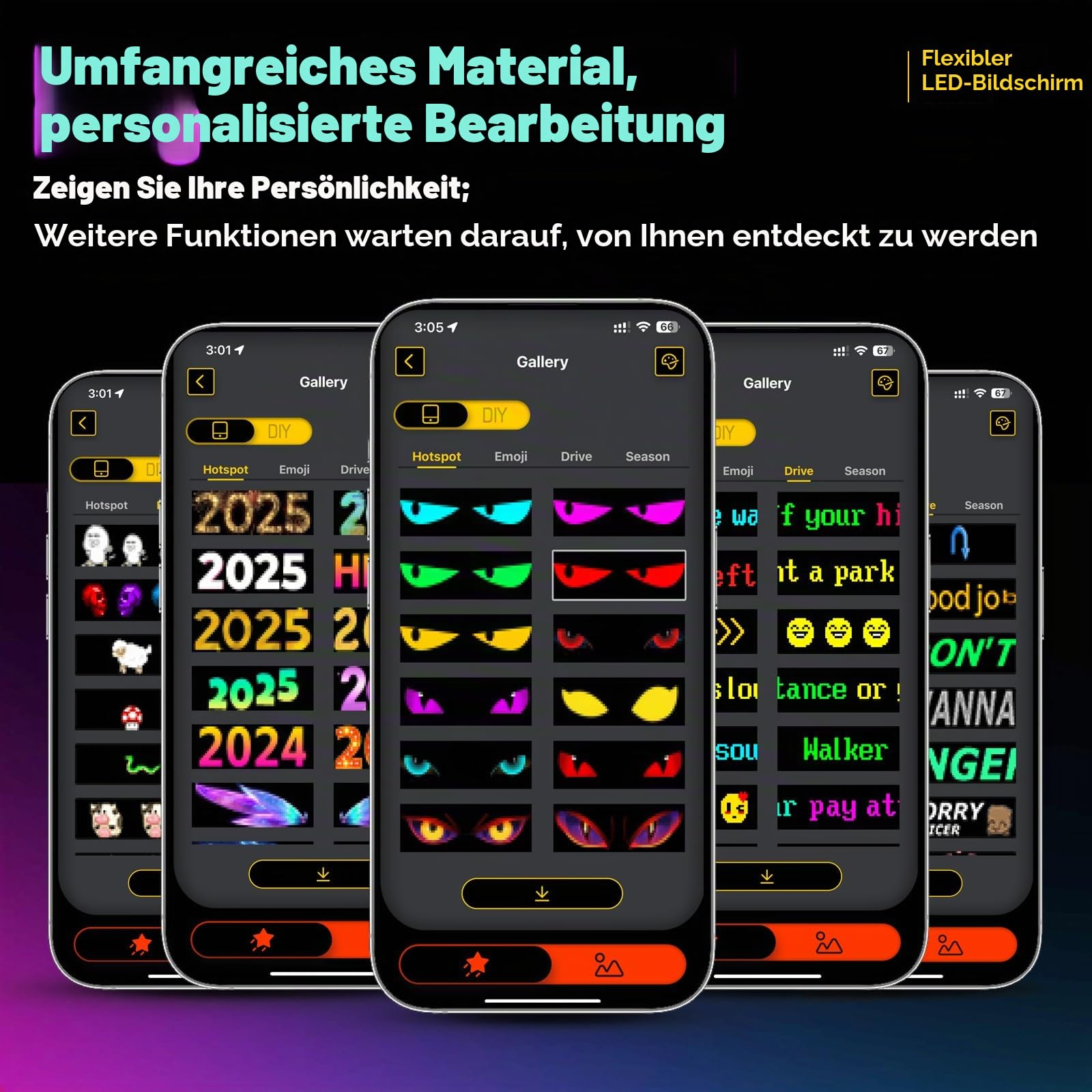 LED Augen für LKW, Teufelsaugen Lichter für Autos, Flexibles LED-Display, Großes Programmierbares Design für Auto, LKW, Geschäft, DIY Dynamische Werbung (1er 12x59.5cm)