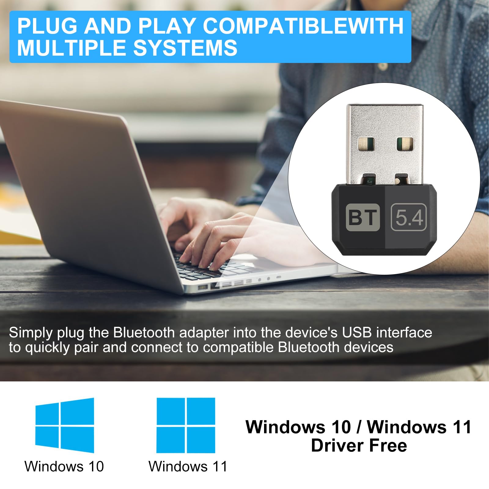 TNSLAND Adapter Bluetooth 5.4, USB Stick Dongle do PC, Plug and Play, Kompatybilny z Win7 8 8.1 10 11