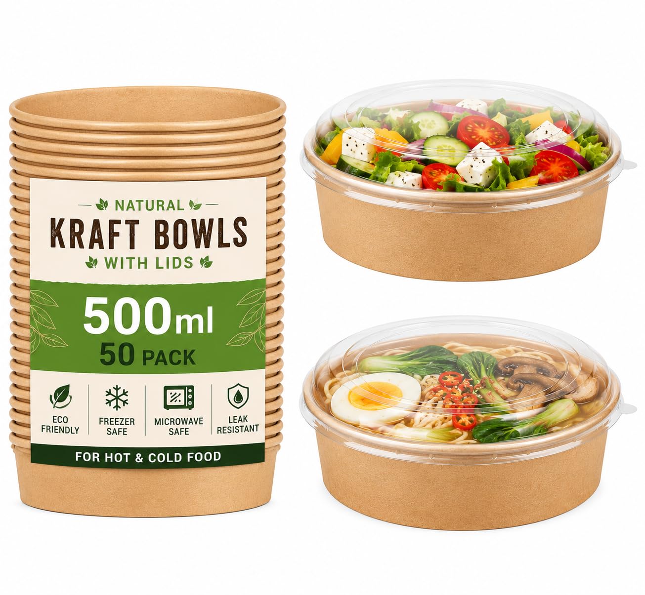 Kraft Salad Paper Bowls with Lids, 50 Pack Disposable Takeaway Food Containers, Leakproof Soup & Salad Bowls for Hot and Cold Food, Eco-Friendly Containers for Restaurants, Cafes & Meal (500ML)