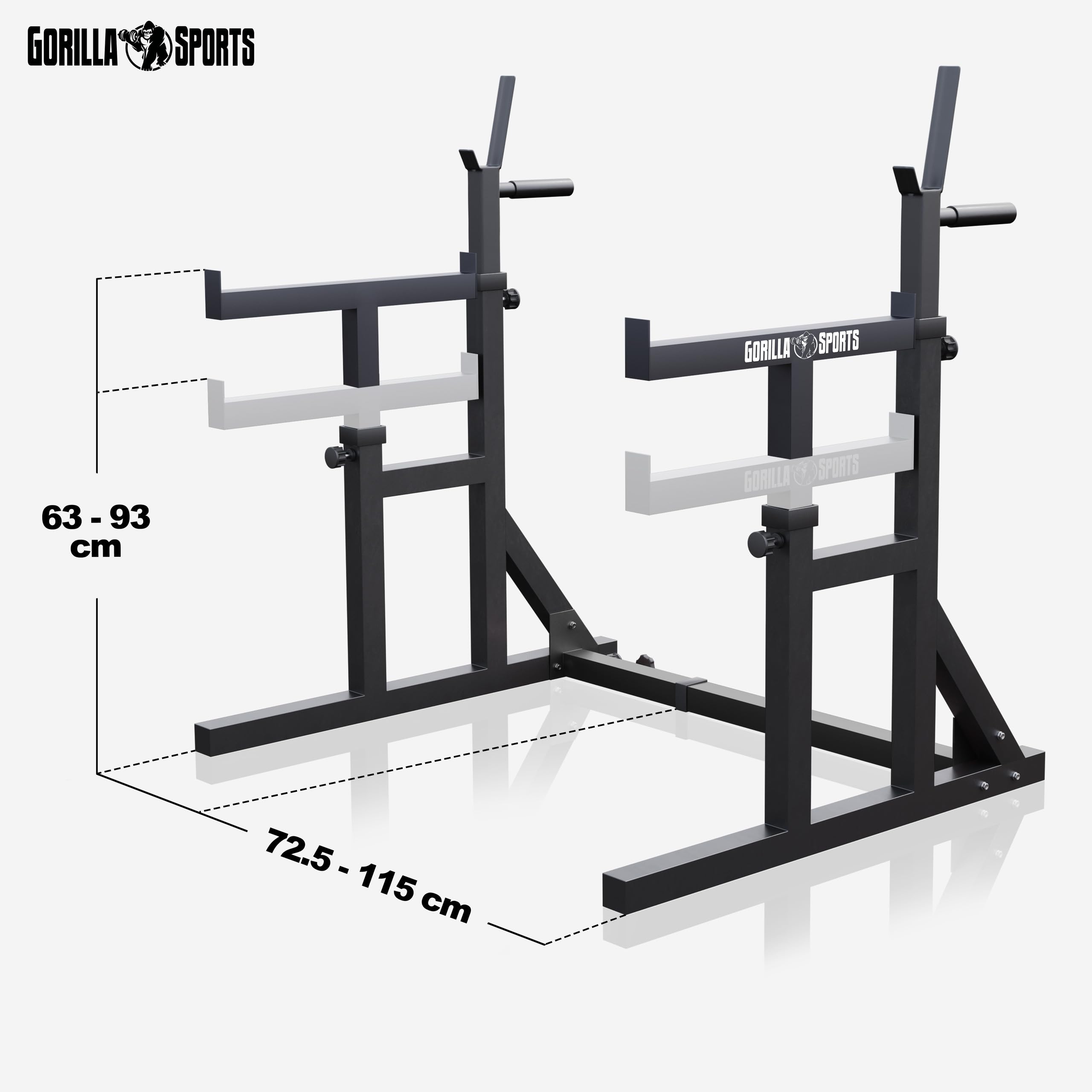 GORILLA SPORTS® Rack da Squat - Regolabile in Larghezza e Altezza, con Maniglie per Immersione, Carico Massimo a 300 kg - Bilanciere, Supporti, Allenamento