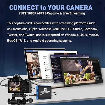 Capture Card for OBS Twitch Game Live Streaming and Recording with 4K Pass-Through,USB3.0 1080P 60FPS HDMI Capture Cam Link for Switch,PS4/5,Xbox,DSLR,Compatible with Windows/Mac