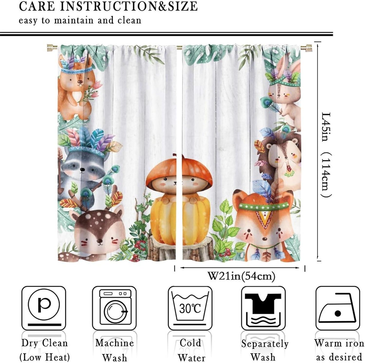 Cartoon Woodland Animals Blackout Curtains for Bedroom,Cute Forest Wlidlife Fox Green Leaves Room Darkening Window Curtains with Rod Pocket - 2 Panels 45" L x 21" W