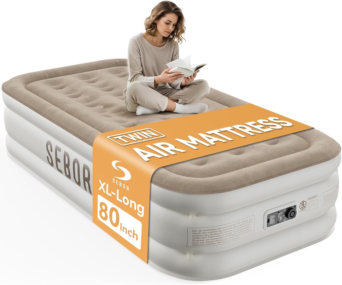 Air Mattress with Built-in Pump, Comfortable Self-Inflating Air Mattress with High-Speed Pump, Durable Blow Up Mattress with Storage Bag for Guests, Camping, Travel (Khaki White, 18" Twin XL)