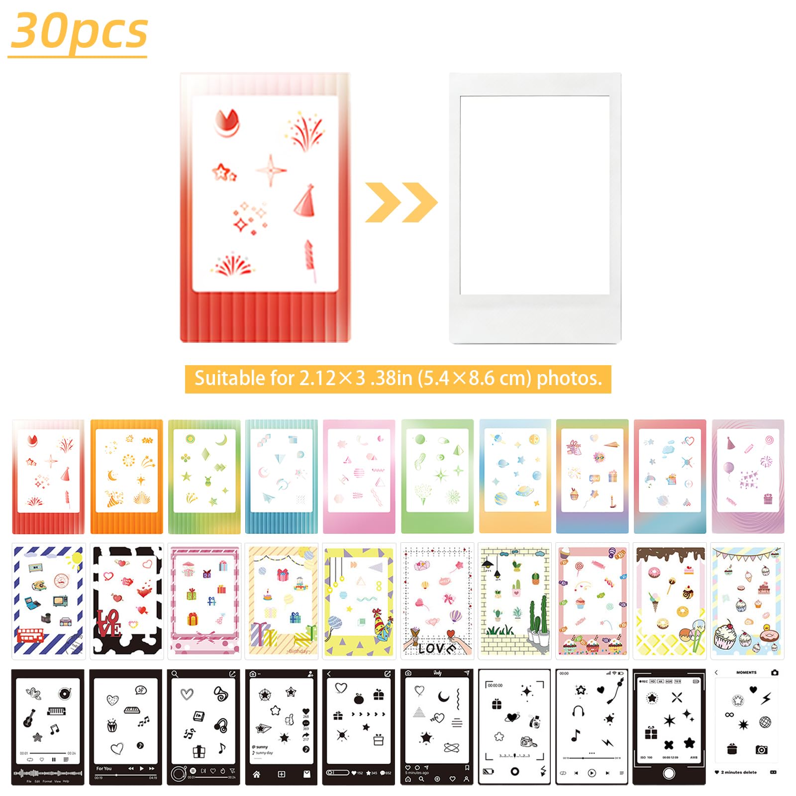 30er-Pack 7,6-cm Fotorahmen-Sticker, kompatibel mit Fujifilm Instax Mini EVO/LiPlay/SE/12/11/9/8/7S/40/41/70/50S/90 & Polaroid – 2×3 Sofortbildrahmen, selbstklebende klare Mini-Filmsticker