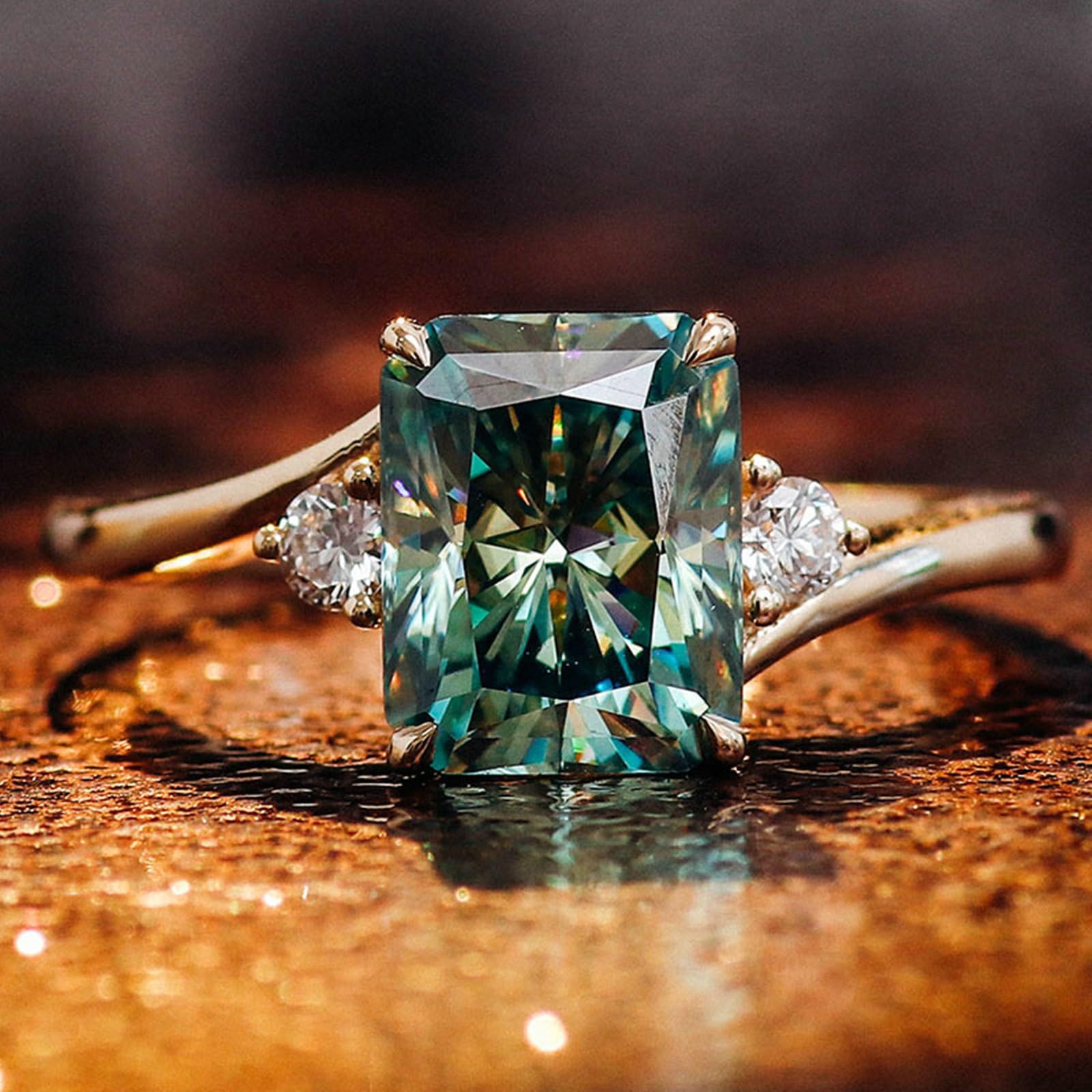 Obrączka ślubna, pierścionek ślubny 14K żółte złoto eleganckie 4 szczęki moissanit prostokątne pierścionki zaręczynowe damskie żółte złoto na obietnicę