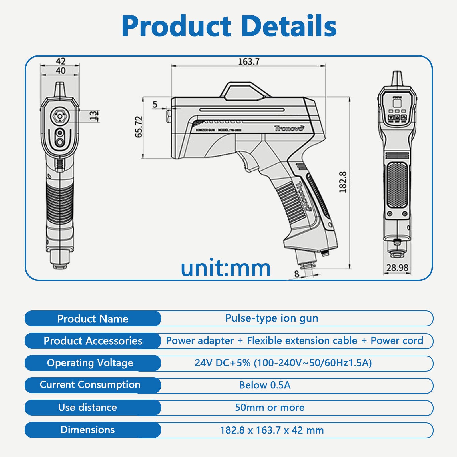 Pistola antiestática, pistola de aire ionizante para eliminación estática, ideal para pintura de automóviles, montaje electrónico, laboratorios, embalaje de película y maquinaria de precisión