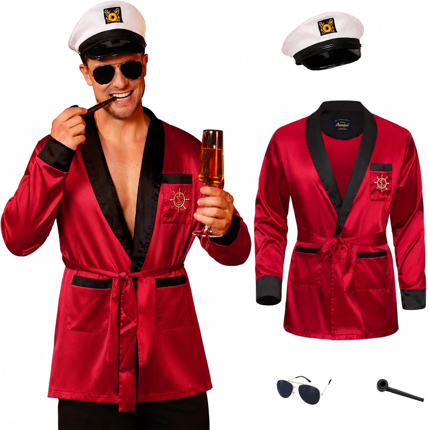 Mainfini 4 Pcs Men Red Silky Robe Costume Halloween Adult Captain Jacket
