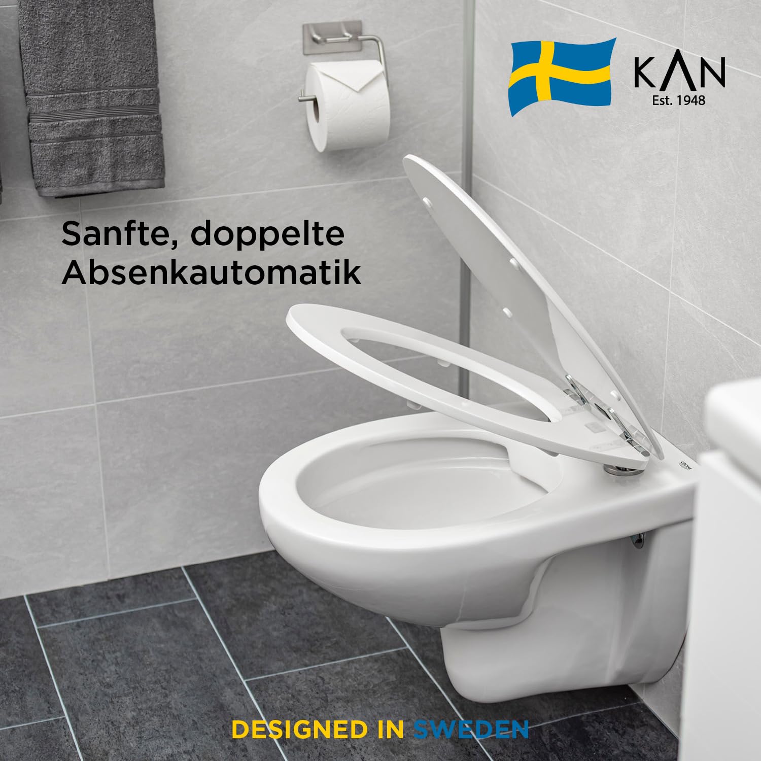 KAN Toilettendeckel mit Absenkautomatik - Lund - Ovale Klobrille aus Holz mit Universeller Passform - Befestigung von oben mit Magnetischem Verriegelungssystem - Flacher Klodeckel mit Absenkautomatik