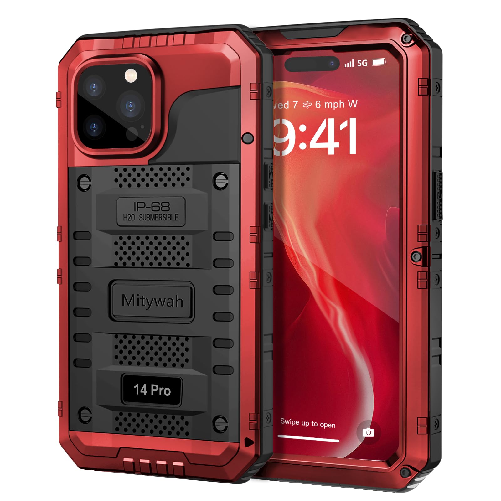 Mitywah Waterproof Case for iPhone 14 Pro, Heavy Duty Shockproof Case with Built-in Screen Protector, Full Body Underwater Protective Metal Case 6.1