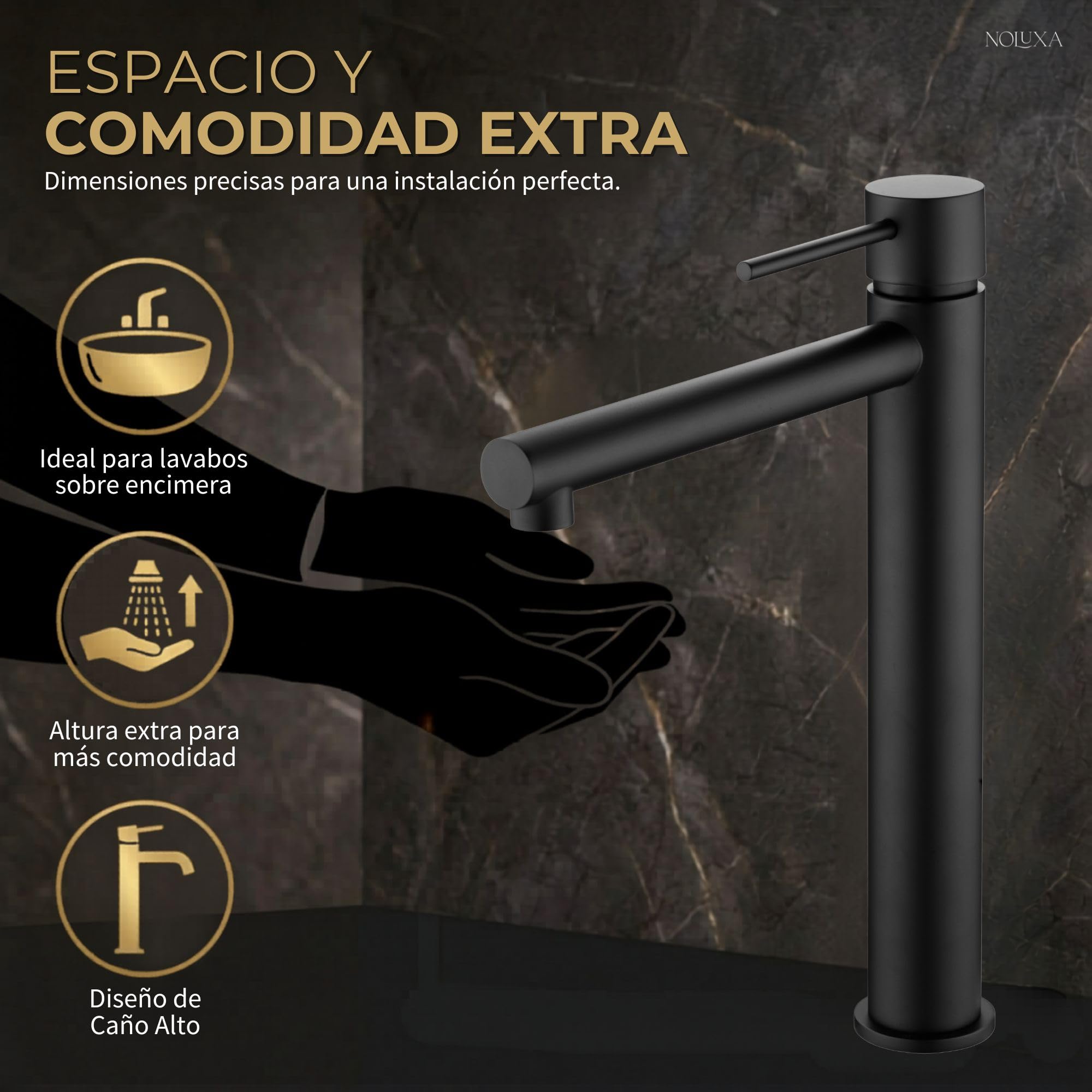 IMEX - Grifo Lavabo Negro Caño Alto | Grifo para Lavabo de Baño con Agua Fría y Caliente | Grifería Monomando Efeto Cascada con Caño de Latón | Ahorro de Agua | Serie Milos Stick | Color Negro Mate