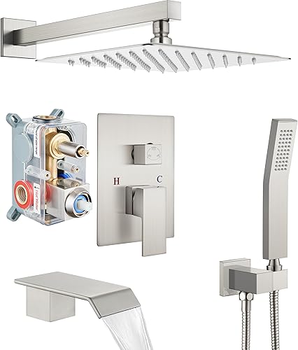 Miniatura 10 de Sistema de ducha con boquilla de bañera de montaje en pared, juego completo con rociador de mano, válvula de 3 funciones incluidas, cabezal de ducha