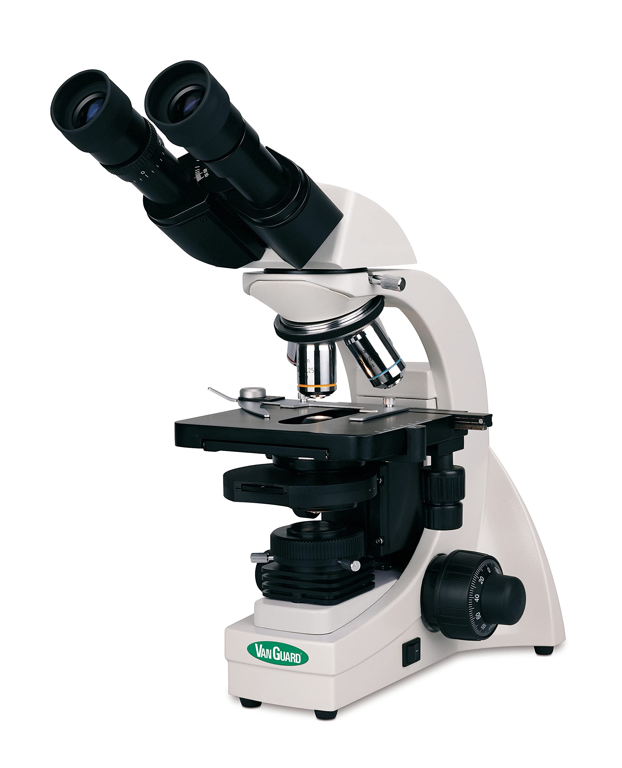 VanGuard 1321BRI Siedentopf Binocular Compound Microscope, WF10x Eyepieces, Infinity Plan Objectives, 40x-1000x Magnification, Brightfield, Kohler, Halogen Illumination, Abbe Condenser, Iris Diaphragm with Blue Filter, Mechanical Stage, 110V