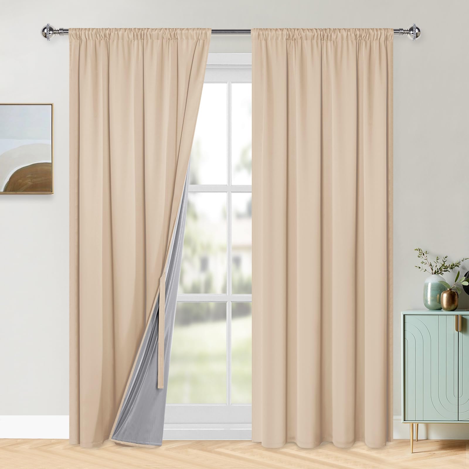 XWZO Lot de 2 rideaux 100 % opaques pour salon, avec galon fronceur, rideaux pour chambre à coucher, double épaisseur occultants, thermiques, protection contre le froid, 245 x 140 cm (H x l) - Crème