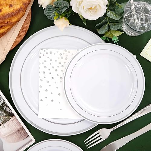 Miniatura 8 de Ciaell 250 platos de plástico plateado  Platos desechables de fiesta plateados  Los platos de plástico blanco y plateado incluyen 50 platos, 75