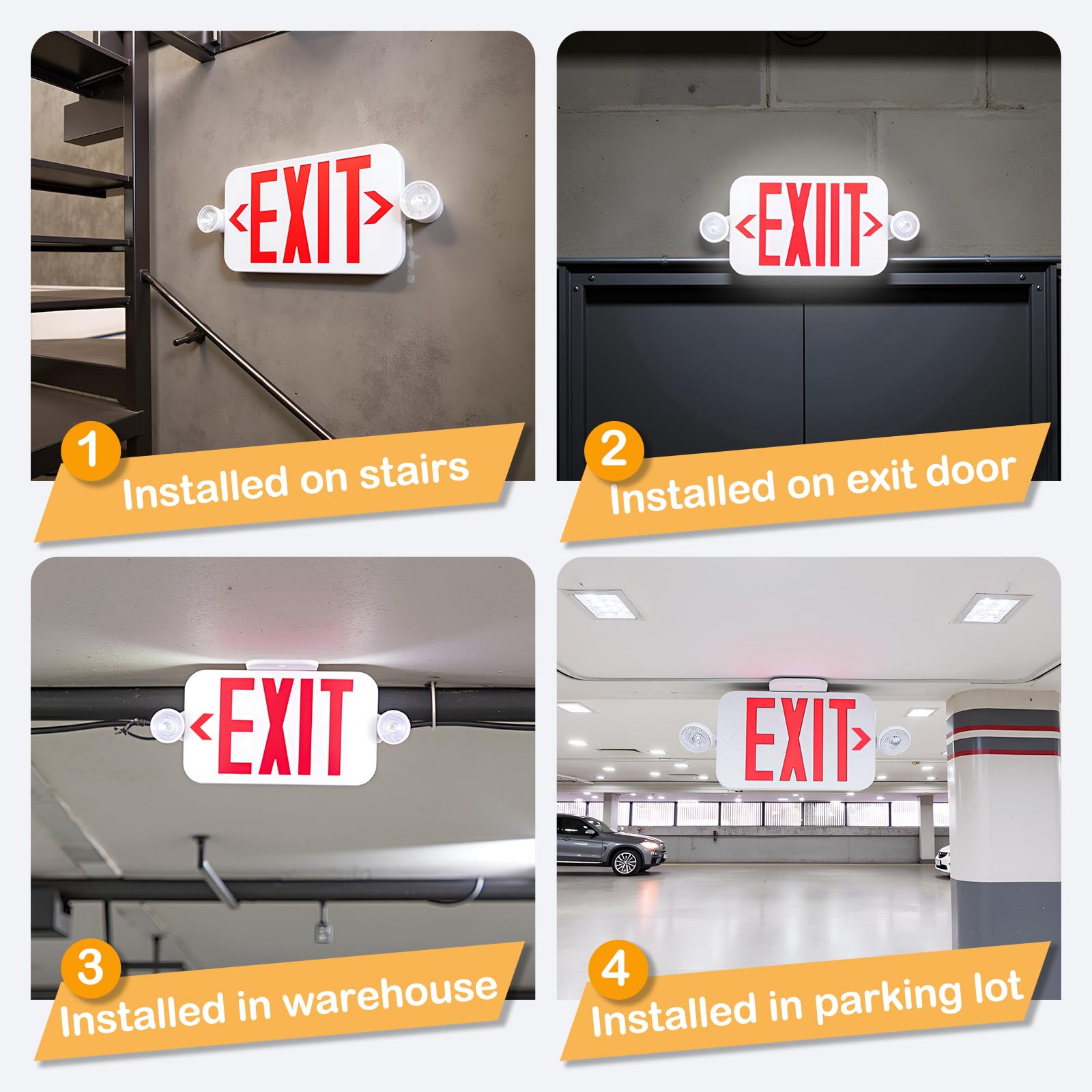 Letrero de salida de emergencia con 2 luces de cabeza ajustables y baterías de copia de seguridad, color rojo estándar de los Estados Unidos, con voltaje de 120 a 277