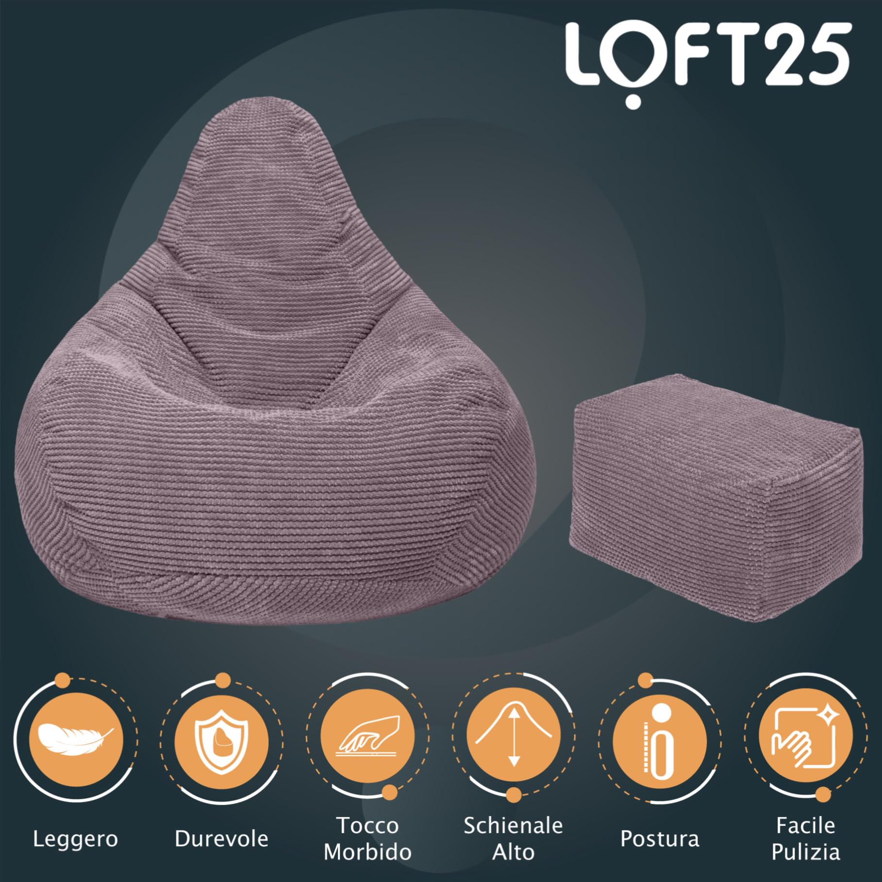 Loft 25 Volwassen Highback Bean Bag Stoel | Corduroy Stof Indoor Woonkamer Gaming Zitzak Ligstoel | Interne Voering | Ergonomisch Ontwerp (Nerts, Zitzak Voetenbankje