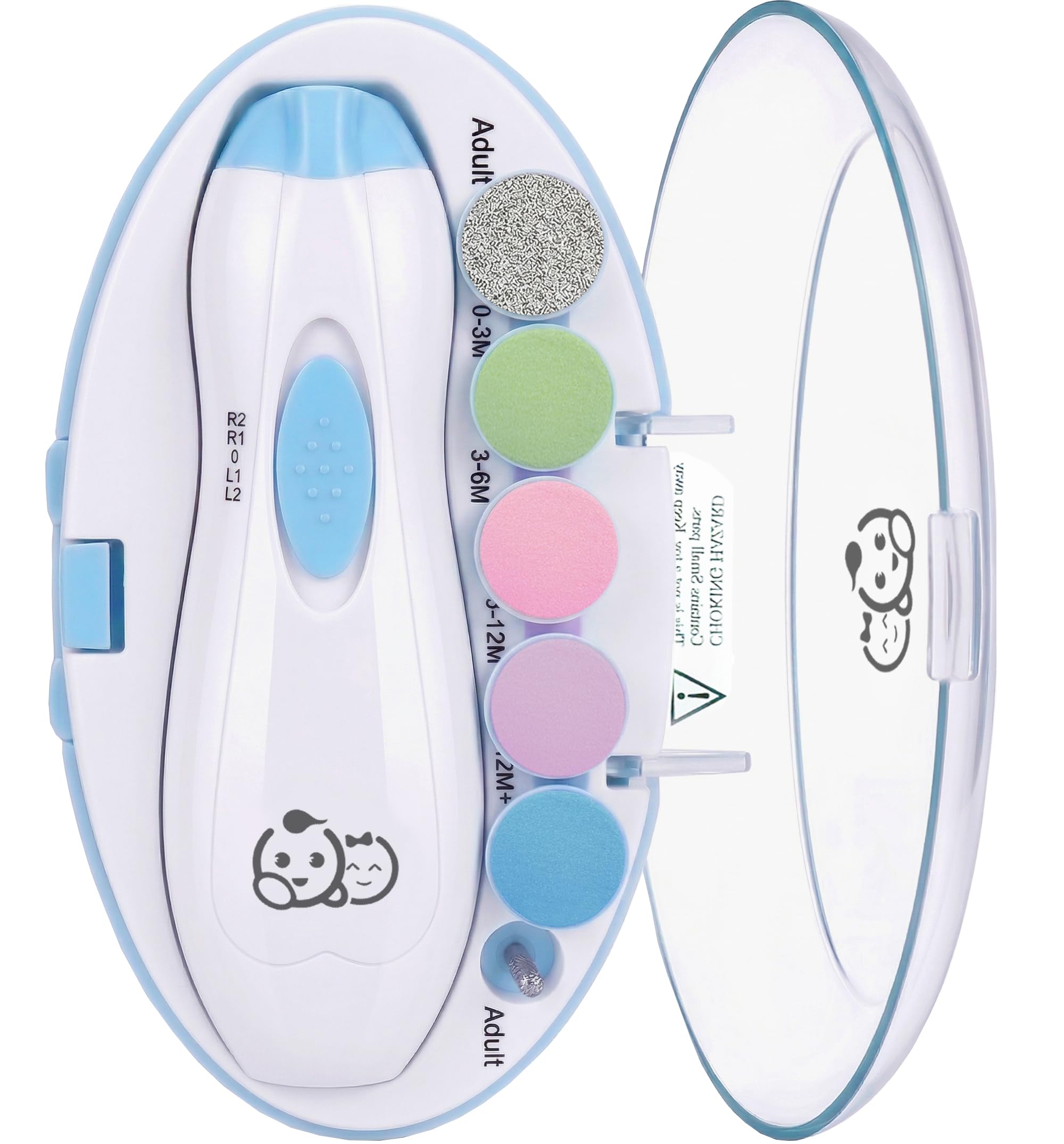 Royal Angels Tagliaunghie Elettrico Neonati 6 in 1, Kit Lima Unghie per Bambini e Neonati con Custodia Etichettata, 4 Testine Colorate e Luce LED (azzurro)