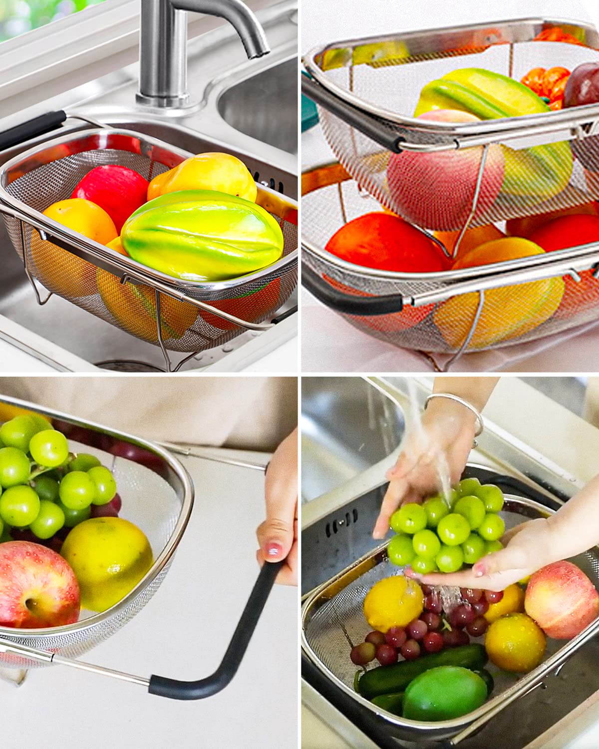 Jissta Colador de acero inoxidable,colador de 6 litros con cesta de tamiz fino y cuchara extensible,colador de fregadero extensible para colar,escurrir y lavar frutas y verduras