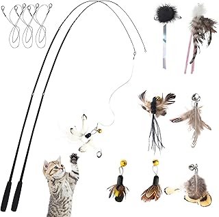 LELE LIFE 70' Ultra Long Cat Wand Toy for Full Fun, Interactive Cat Toys for Indoor Cats Kitten, 2Pcs Retractable Flexible Poles and 8Pcs Cat Feather Toys Bell Teaser Refills, 2Pcs String Refills
