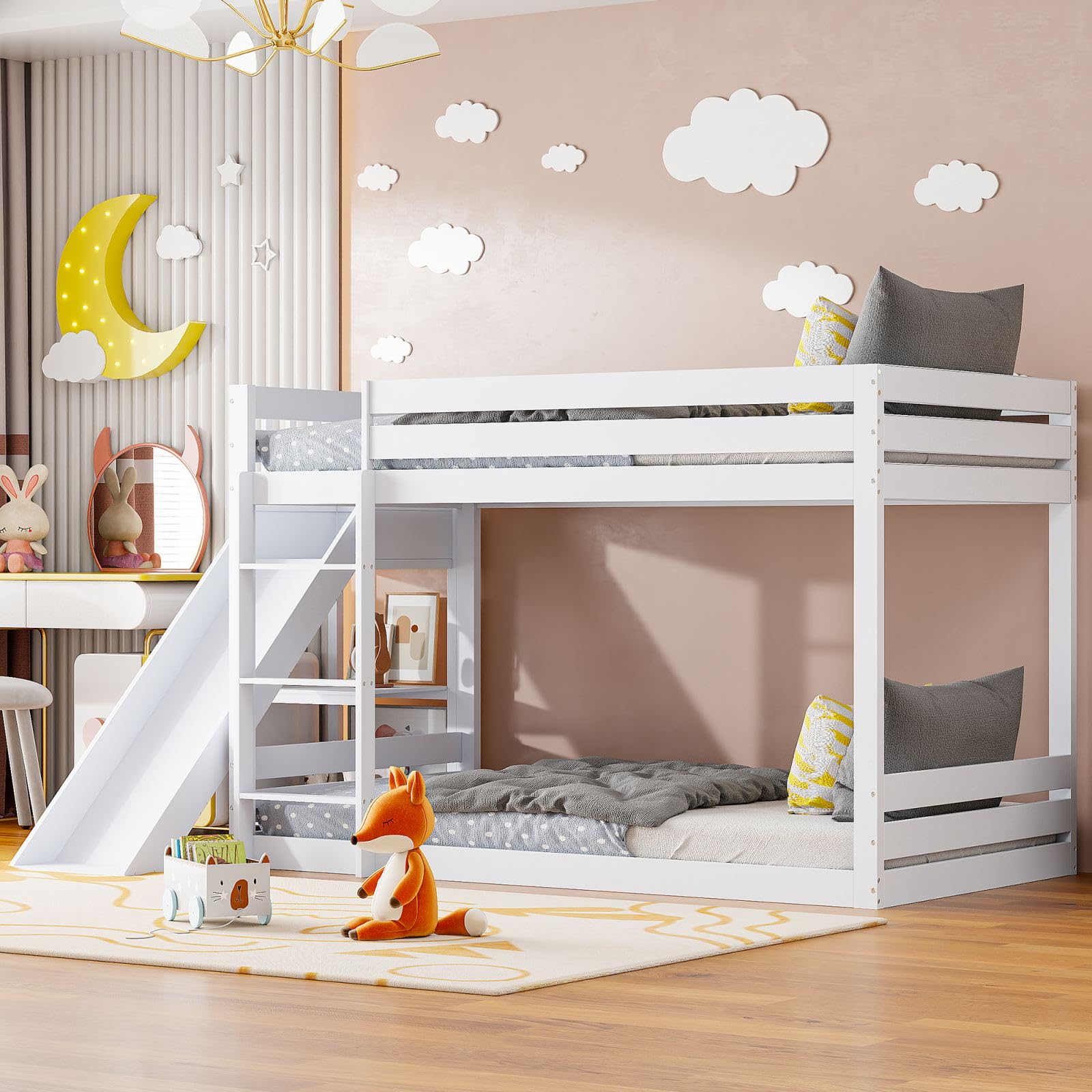 Lit Superposé WEEYIN-90 X200cm-Lit Cabane- Du Sol Au Plafond-avec échelle Et Baldaquin-blanc