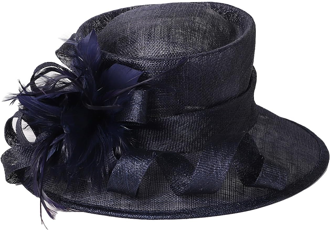 HIMESPORT Retro Sinamay Feather Fascinator Hat Cloche Bucket Bowler Hat with Bowknot Cocktail Party Bridal Wedding Dress Hat