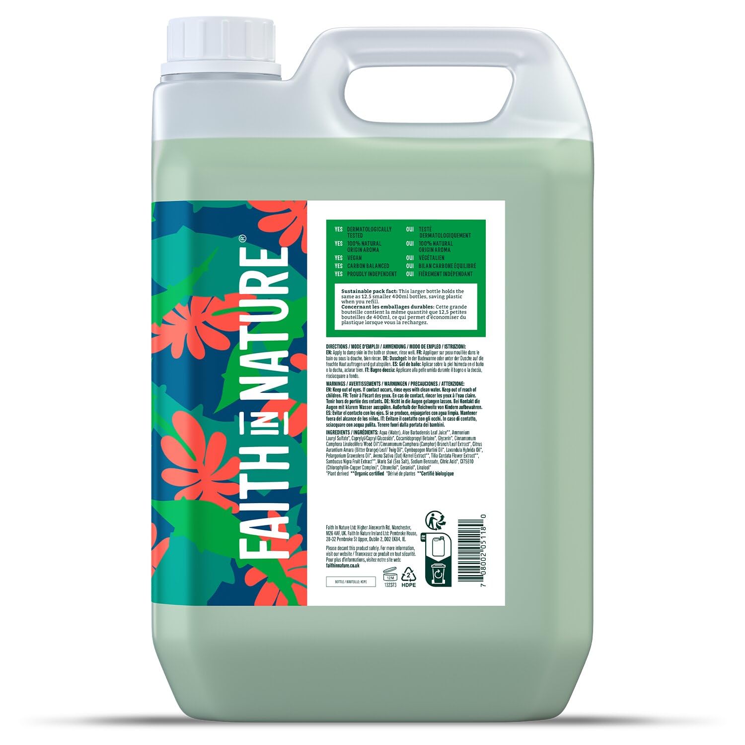 Faith In Nature Gel Doccia Naturale all’Aloe Vera, Lenitivo, Vegano e Cruelty Free, Senza SLS e Parabeni, Ricarica da 5 L