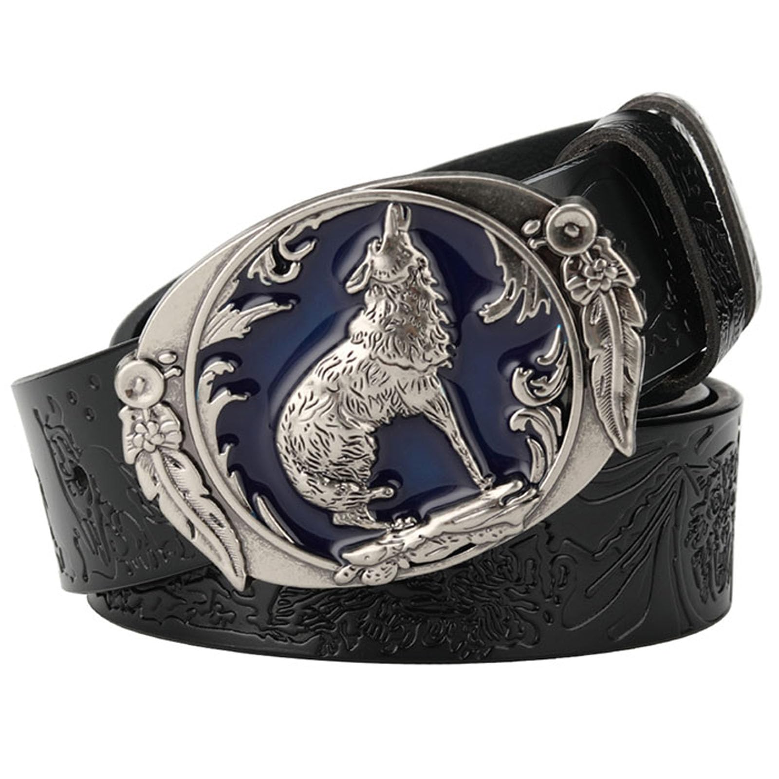 Jiary Unisex Black ,110Cm/43.3'',Belts For Men, Mens Leather Belt Adjustable Western Cowboy Wolf Pattern Alloy Buckle Engraved Belt