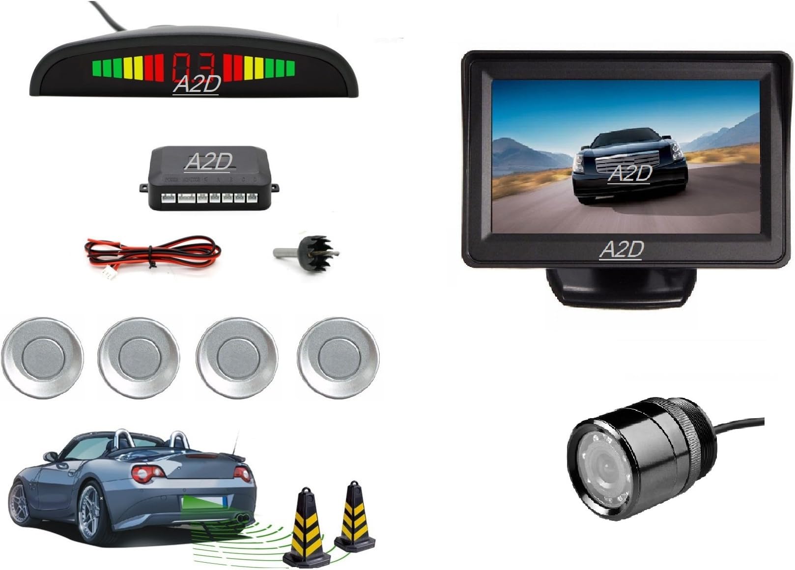 A2D? LED Car Parking Sensor Silver + LED Night Vision Reverse Parking Camera + Parking Camera Screen