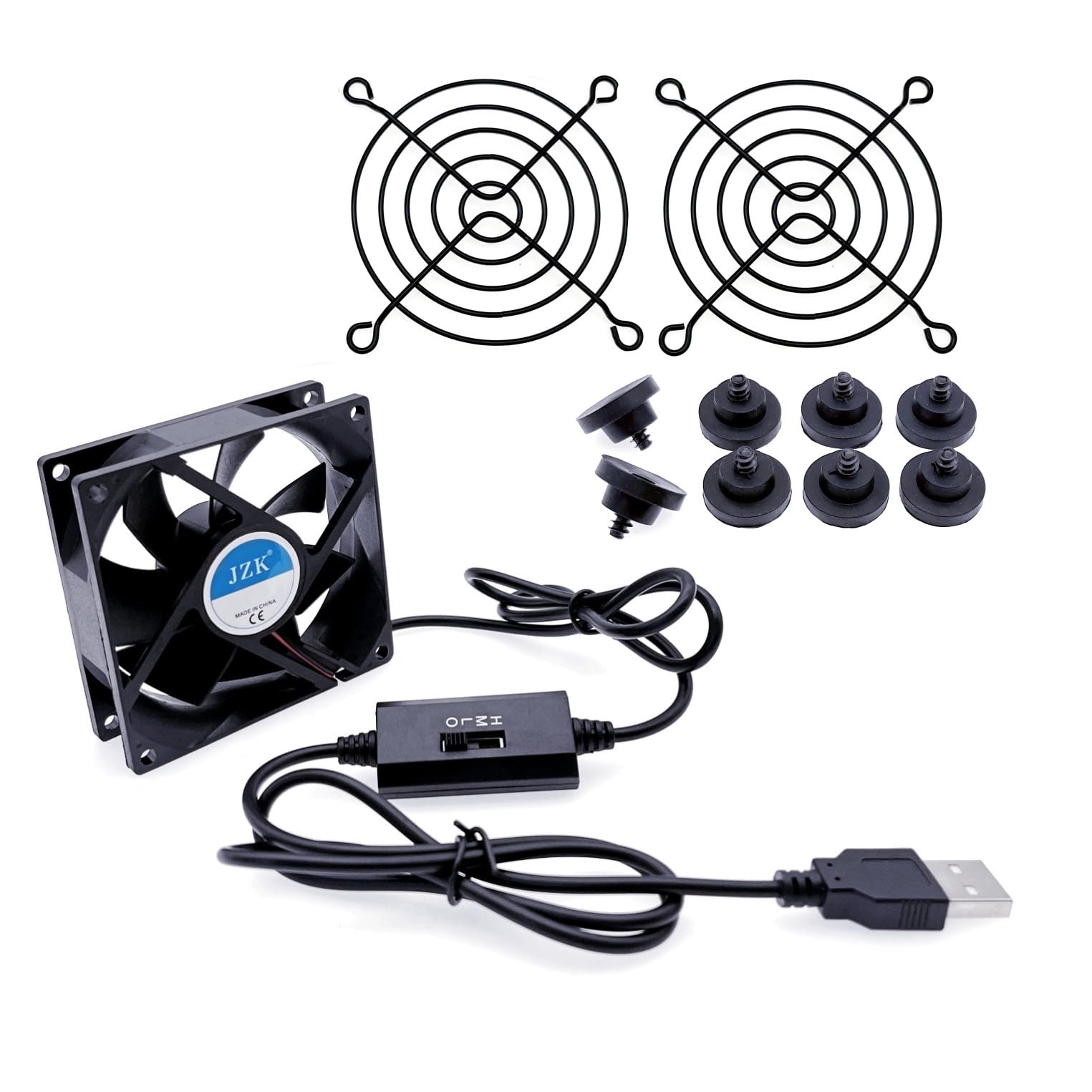 JZK 80mm USB fan with multi-speed control and metal panel protects cooling fans for appliances/PC cases/power supplies/devices