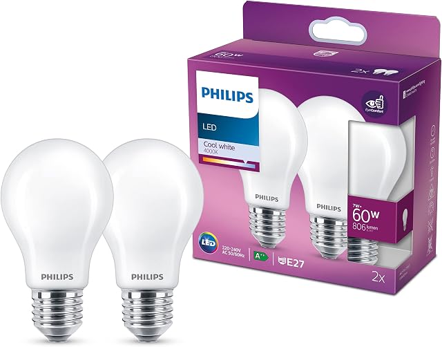Philips LED Classic A60 Frosted Light Bulb 2 Pack [E27 Edison Screw] 60W, Cool White 4000K, Non Dimmable