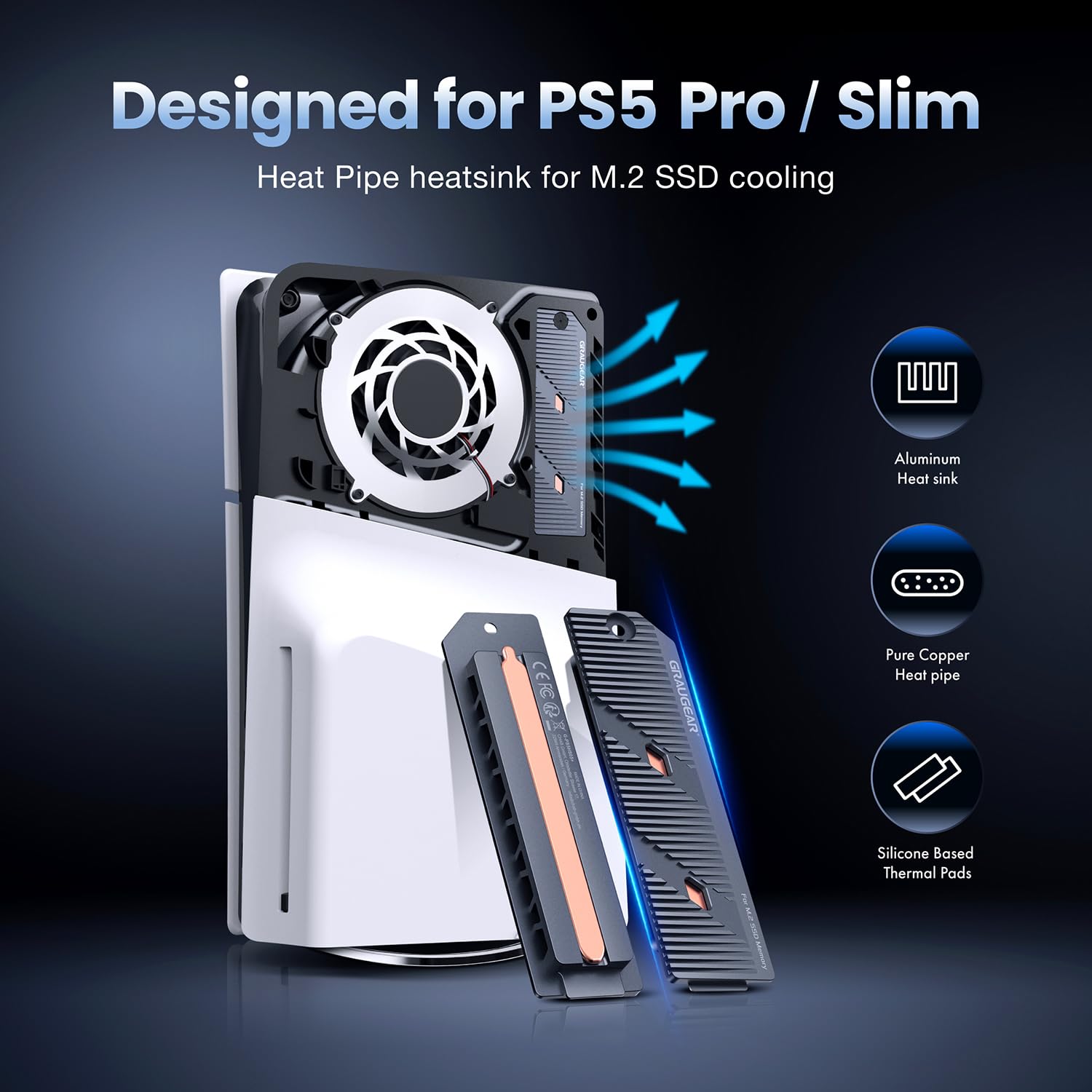 GRAUGEAR Disipador de calor SSD M.2 delgado PS5 Pro/PS5 con Heatpipe, Heatpipe de cobre integrado y aletas de aluminio para refrigeración de alta eficiencia, compatible con NVMe SSD Upgrade para