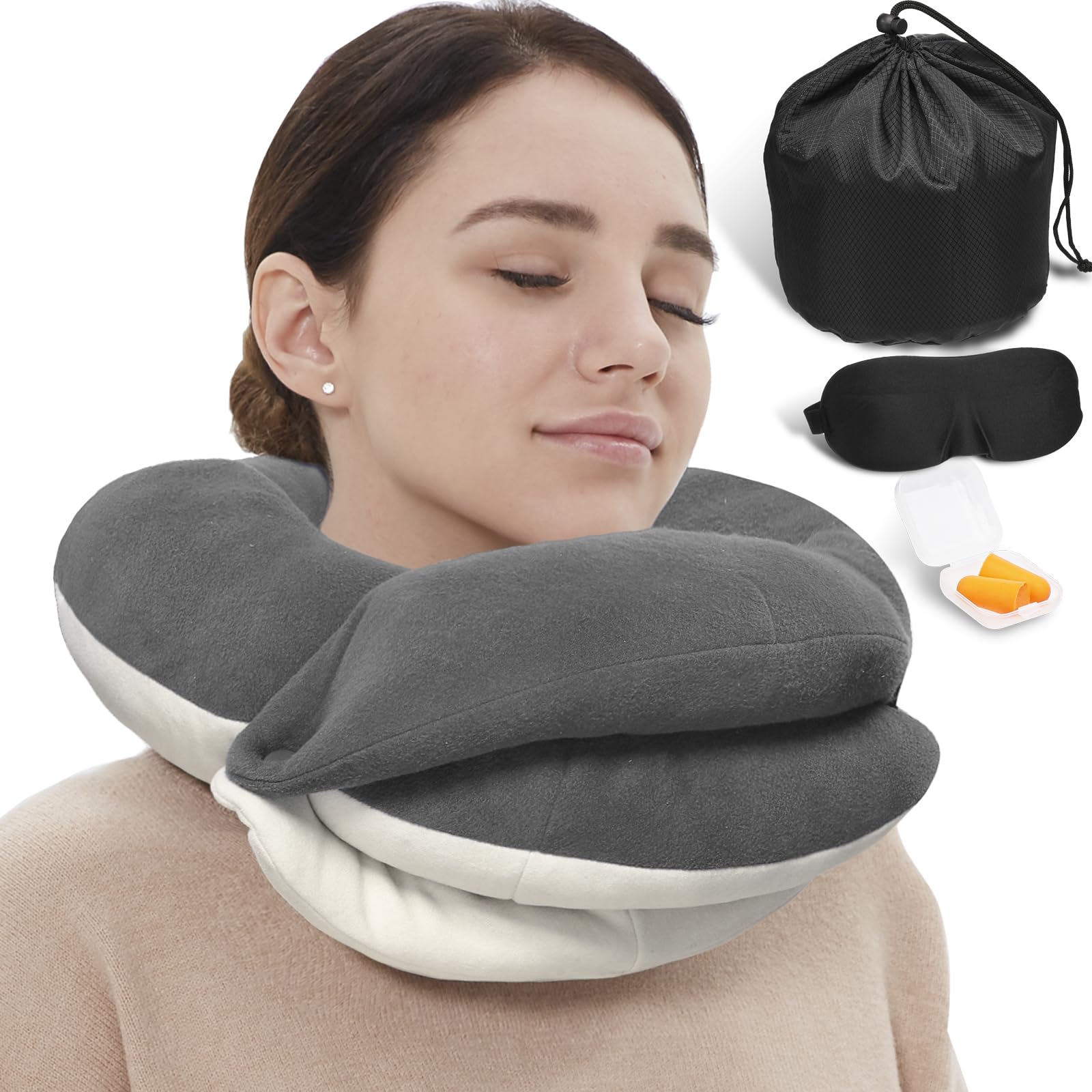 BUYUE Almohada de viaje para el cuello para aviones, reposacabezas de 360° para dormir en vuelos largos, kit con máscara de ojos contorneada 3D, tapones para los oídos y bolsa de almacenamiento (para