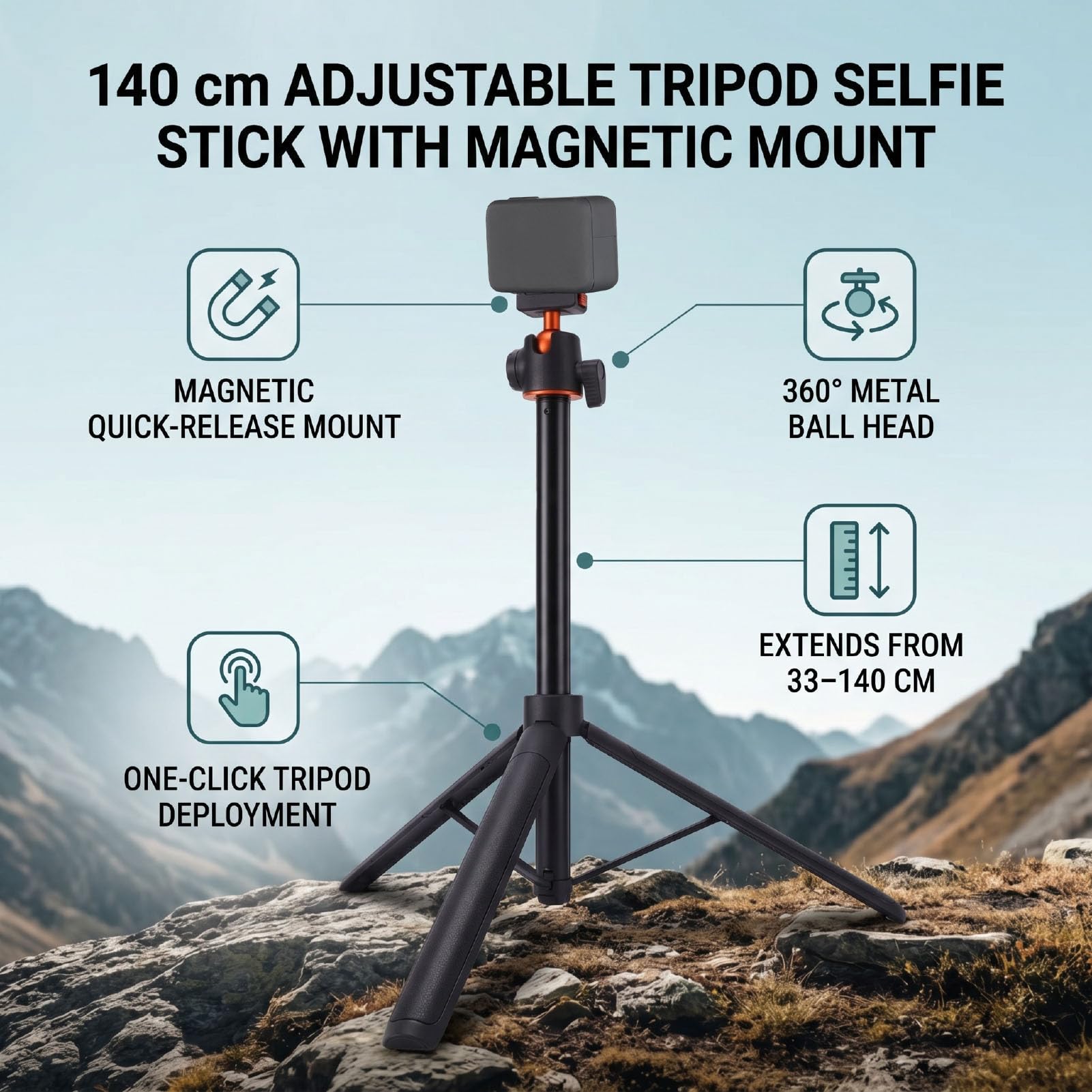 Jectse Asta Selfie Treppiede da 140 Cm, Chiusura Magnetica Bidirezionale per Fotocamera Action 5PRO/4/3, Asta di Prolunga Regolabile con Testa a Sfera a 360 Gradi