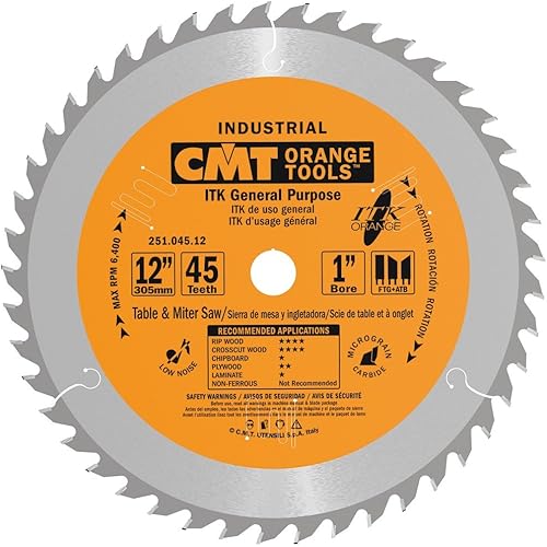 CMT 251.045.12 ITK General Purpose Saw Blade, 12-Inch x 45 Teeth 1FTG+2ATB Grind with 1-Inch Bore