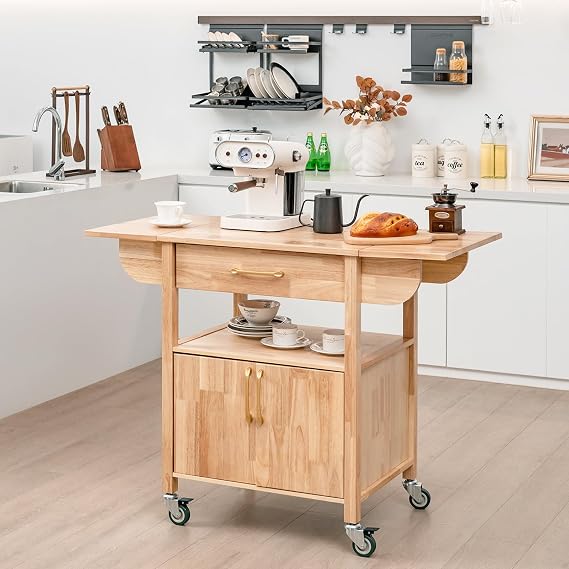 GiantexUK Kitchen Island on Wheels, Rolling Serving Trolley with Large Drawer, Open Shelf, 2-Doors Cabinet & Drop Leaf Countertop, Mobile Storage Cart for Dining Living Room Coffee Bar