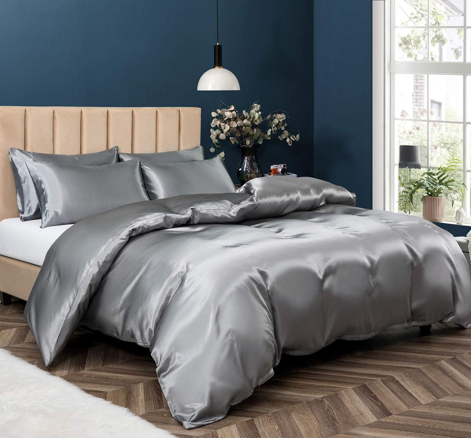 P Pothuiny 5 Pieces Satin Duvet Cover Full/Queen Size Set, Luxury Silky Like Grey Duvet Cover Bedding Set with Zipper Closure, 1 Duvet Cover + 4 Pillow Cases (No Comforter)