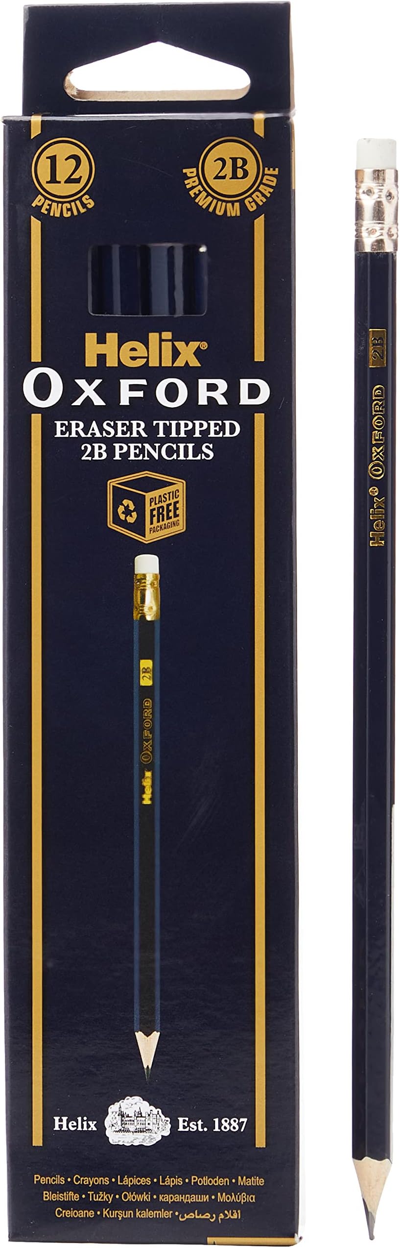 Helix Oxford 2B Grade Graphite Pencils with Eraser Tip (Pack of 12