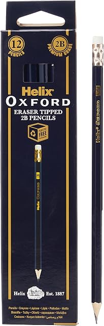 Helix Oxford 2B Grade Graphite Pencils with Eraser Tip (Pack of 12) with Plastic Free Packaging, 857201