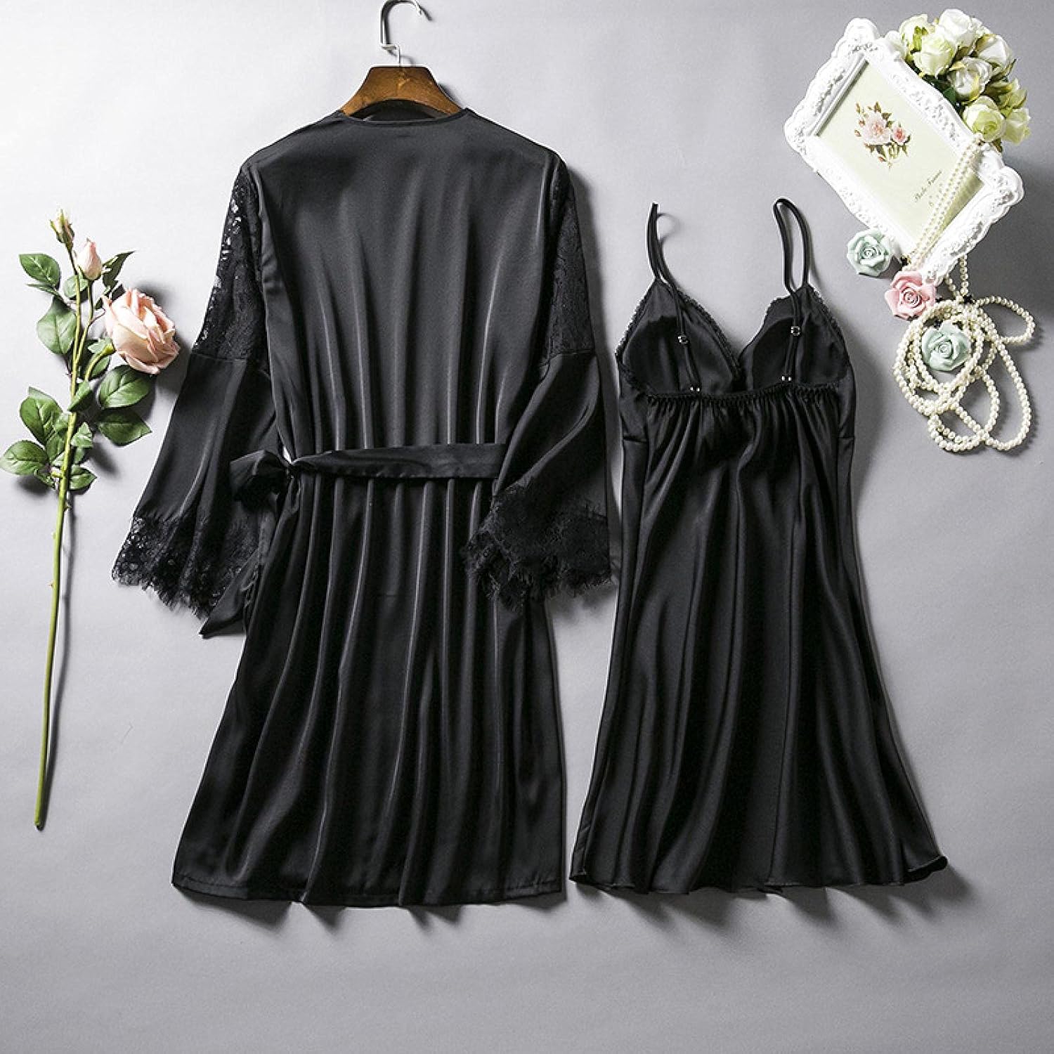 Women’s Sexy V-Neck Nightdress+Bathrobes Satin lace Robe Sets with Padded Bra Nighties L wineredset