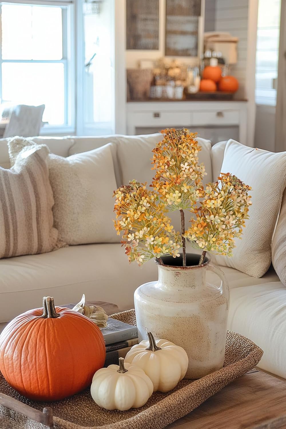 3 Pcs Hydrangea Artificial Flowers Bouquets for Fall Home Decor, 16" Faux Hydrangea Stems with Flower Seeds for Autumn Floral Arrangements Centerpiece & Wedding, Silk Fake Cone Blooms in Orange Yellow - Image 7